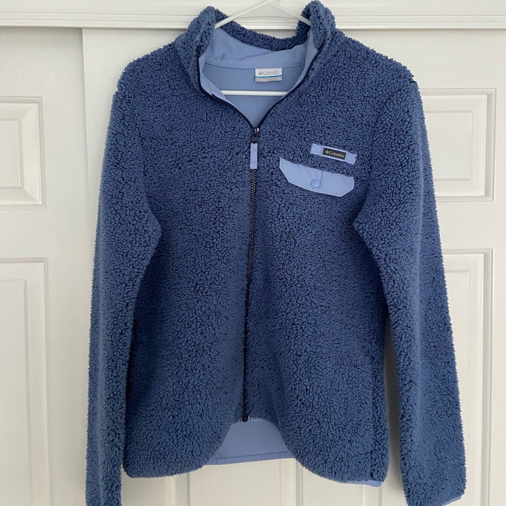Columbia blue fuzzy zip up jacket